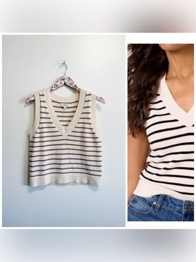 EVEREVE Reese Taupe & Cream Sweater Vest S Small V-Neck